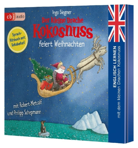Buchcover und Innenansicht für das Buch: Der kleine Drache Kokosnuss feiert Weihnachten