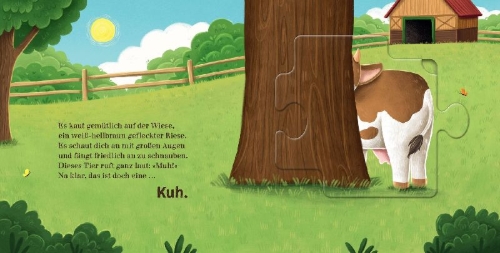 Buchcover und Innenansicht für das Buch: Nanu, welches Tier versteckt sich hier? Ein Bauernhof-Puzzle-Buch