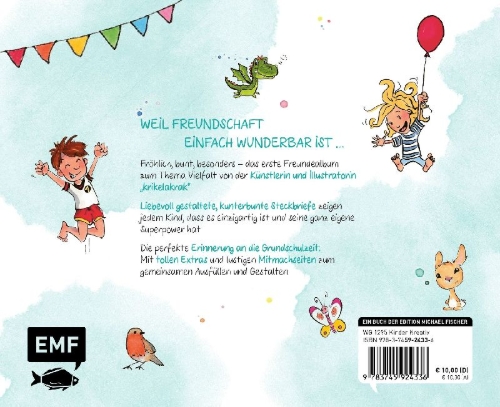 Buchcover und Innenansicht für das Buch: Meine Freunde: Mutig, stark & wunderbar - Ein Eintragalbum für ALLE zum Thema Vielfalt