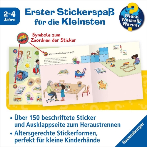 Buchcover und Innenansicht für das Buch: Wieso? Weshalb? Warum? junior Stickerheft - Kindergarten