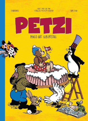 Buchcover und Innenansicht für das Buch: Petzi et L'Anniversaire de Pingo