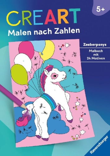 Buchcover und Innenansicht für das Buch: CreArt Malen nach Zahlen ab 5: Zauberponys
