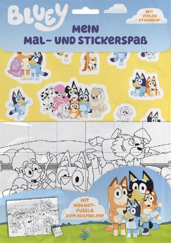 Buchcover und Innenansicht für das Buch: Bluey: Mein Mal- und Stickerspaß