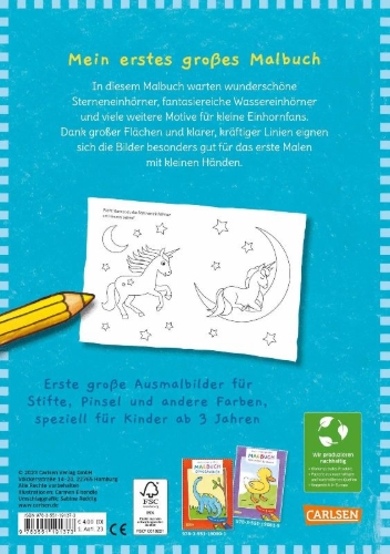 Buchcover und Innenansicht für das Buch: Ausmalbilder für Kita-Kinder: Mein erstes großes Malbuch: Einhörner