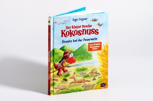Buchcover und Innenansicht für das Buch: Der kleine Drache Kokosnuss - Einsatz bei der Feuerwehr
