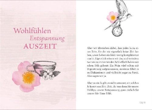 Buchcover und Innenansicht für das Buch: Schenk dir Zeit - Me-Time-Momente für den Alltag