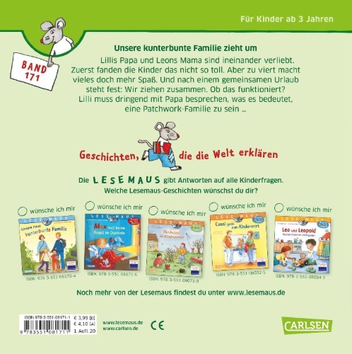 Buchcover und Innenansicht für das Buch: LESEMAUS 171: Unsere kunterbunte Familie zieht um