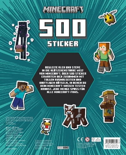 Buchcover und Innenansicht für das Buch: Minecraft: 500 Sticker- Stickern - Rätseln - Ausmalen
