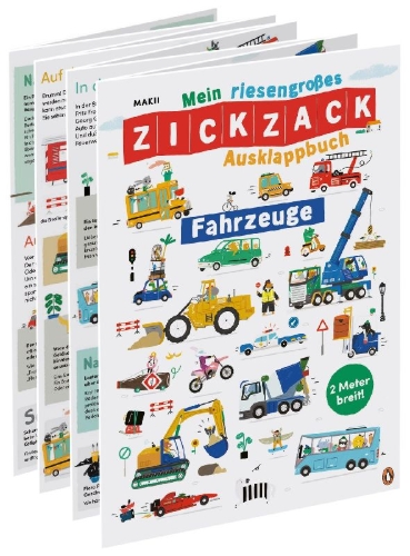 Buchcover und Innenansicht für das Buch: Mein riesengroßes ZICKZACK Ausklappbuch - Fahrzeuge