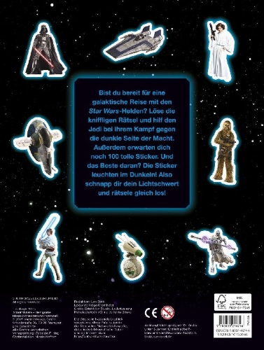Buchcover und Innenansicht für das Buch: Disney Star Wars: Der große Glow-in-the-Dark-Stickerspaß: Stickern - Rätseln - Ausmalen