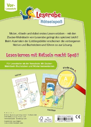 Buchcover und Innenansicht für das Buch: Leserabe Rätselspaß - Zauber-Malrätsel zum Lesenlernen: Dinos (Vor-Lesestufe)