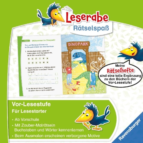 Buchcover und Innenansicht für das Buch: Leserabe Rätselspaß - Zauber-Malrätsel zum Lesenlernen: Dinos (Vor-Lesestufe)