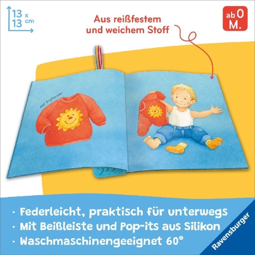 Buchcover und Innenansicht für das Buch: Mein Knuddel-Knautsch-Buch: flip&pop. Meine Welt (mit Pop-it Beißleiste); weiches Stoffbuch, waschbares Badebuch, Babyspielzug ab 0 Monate, Sensorik Spielzeug aus Silikon