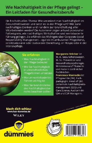 Buchcover und Innenansicht für das Buch: Nachhaltigkeit in der Pflege für Dummies