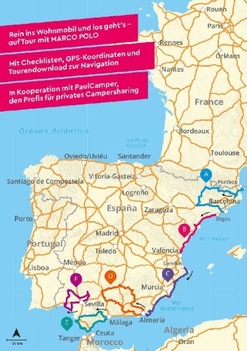 Buchcover und Innenansicht für das Buch: MARCO POLO Camper Guide Spanien: Mittelmeerküste, Katalonien & Andalusien