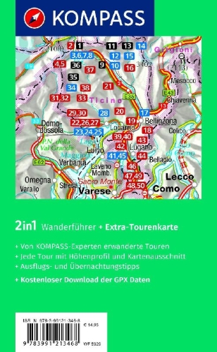 Buchcover und Innenansicht für das Buch: KOMPASS Wanderführer Tessin, 50 Touren mit Extra-Tourenkarte