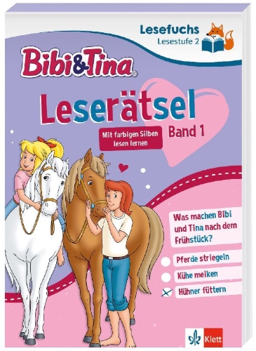 Buchcover und Innenansicht für das Buch: Lesefuchs Bibi & Tina: Leserätsel Lesestufe 1, Band 1