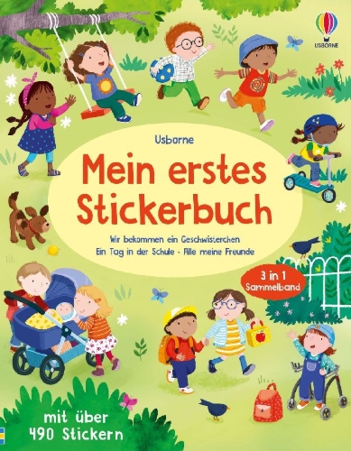 Buchcover und Innenansicht für das Buch: Mein erstes Stickerbuch: Wir bekommen ein Geschwisterchen,  Ein Tag in der Schule, Alle meine Freunde