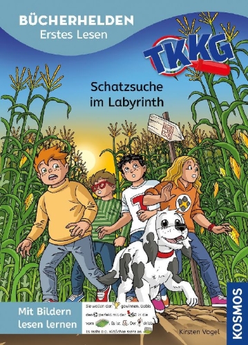 Buchcover und Innenansicht für das Buch: TKKG Junior, Bücherhelden, Erstes Lesen, Schatzsuche im Labyrinth