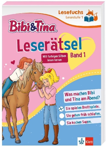 Buchcover und Innenansicht für das Buch: Lesefuchs Bibi & Tina: Leserätsel Lesestufe 2, Band 1
