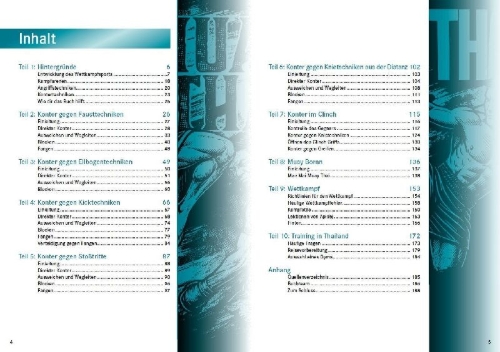 Buchcover und Innenansicht für das Buch: Thaiboxen - Profitechniken und Kampftraining