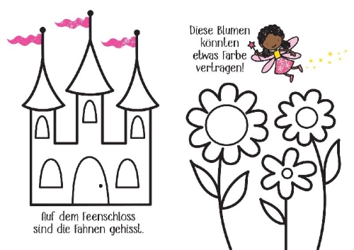 Buchcover und Innenansicht für das Buch: Kleine Kreativ-Werkstatt - Mein Ganz-einfach-Ausmalen-Koffer: Feen, Meerjungfrauen, Einhörner