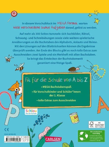 Buchcover und Innenansicht für das Buch: Schlau für die Schule: Mein MEGA dicker Buchstaben-Block