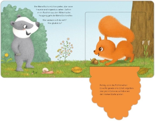 Buchcover und Innenansicht für das Buch: Komm und such mich! sagt der kleine Dachs