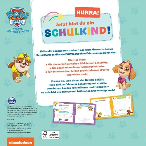 Buchcover und Innenansicht für das Buch: Paw Patrol: Ab heute bin ich Schulkind! Mein Erinnerungsalbum zum Schulanfang