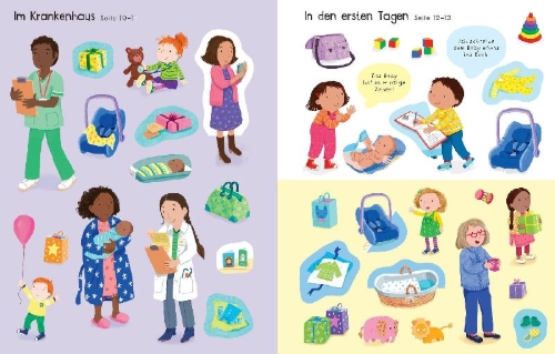 Buchcover und Innenansicht für das Buch: Mein erstes Stickerbuch: Wir bekommen ein Geschwisterchen,  Ein Tag in der Schule, Alle meine Freunde