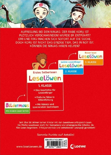 Buchcover und Innenansicht für das Buch: Leselöwen 1. Klasse - Die Ninjas retten die Tiere (Großbuchstabenausgabe)