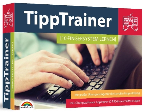 Buchcover und Innenansicht für das Buch: 10 Finger Tippen für zu Hause am PC lernen - blind jedes Wort finden - Maschinenschreiben inkl. Tipp Trainer Software für den PC