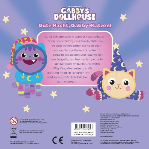 Buchcover und Innenansicht für das Buch: Gabby's Dollhouse: Gute Nacht, Gabby-Katzen!