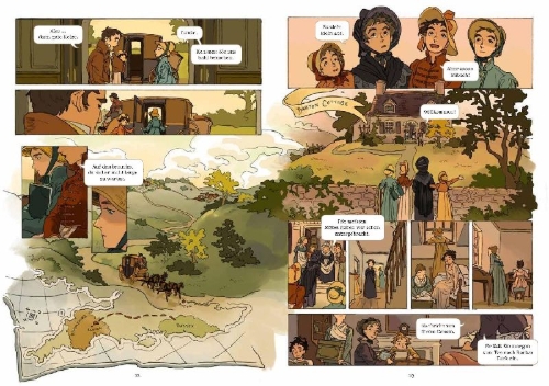 Buchcover und Innenansicht für das Buch: Verstand und Gefühl - die Graphic Novel nach Jane Austen
