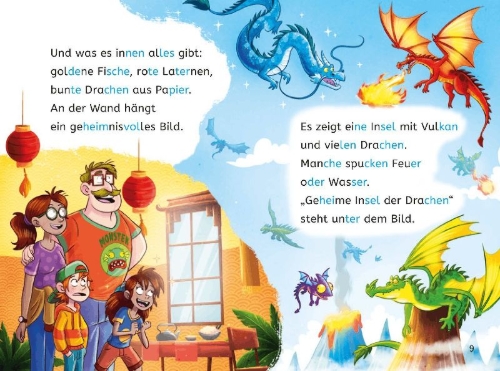 Buchcover und Innenansicht für das Buch: Leseprofis - Silbe-für-Silbe: Das Geheimnis der Dracheninsel, 1. Klasse