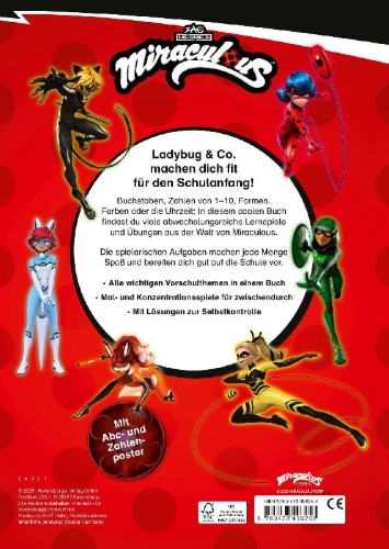 Buchcover und Innenansicht für das Buch: Miraculous: Das große Vorschulbuch - Buchstaben, Zahlen, Konzentration