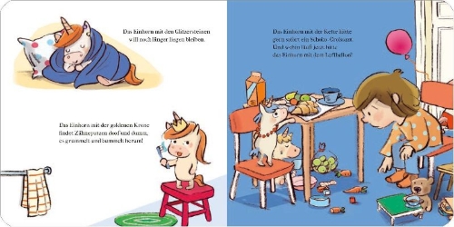 Buchcover und Innenansicht für das Buch: Die Einhorn-Trödel-Bande. Dalli dalli, hopp hopp!