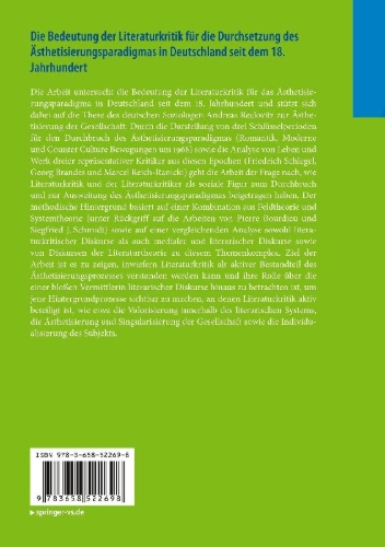 Buchcover und Innenansicht für das Buch: Die Bedeutung der Literaturkritik für die Durchsetzung des Ästhetisierungsparadigmas in Deutschland seit dem 18. Jahrhundert