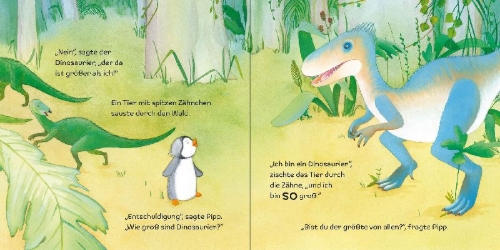 Buchcover und Innenansicht für das Buch: Der kleine Pinguin fragt nach: Wie groß waren Dinosaurier?