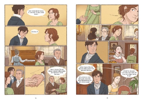 Buchcover und Innenansicht für das Buch: Stolz und Vorurteil - die Graphic Novel nach Jane Austen