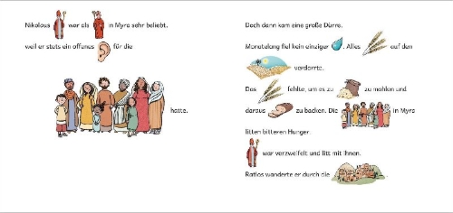 Buchcover und Innenansicht für das Buch: Einer, der Gutes tat ... Die Geschichte von Nikolaus in Bildwörtern