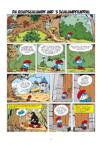 Buchcover und Innenansicht für das Buch: De Schlimpf af Bairisch: Da Roudschlumpf und s'Schlumpfkappal