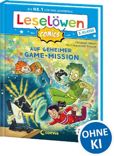Buchcover und Innenansicht für das Buch: Leselöwen Comics 2. Klasse - Auf geheimer Game-Mission