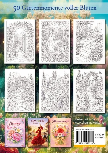 Buchcover und Innenansicht für das Buch: Garten Malbuch für Erwachsene - 50 Ausmalbilder zur Entspannung
