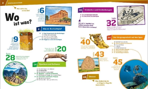 Buchcover und Innenansicht für das Buch: WAS IST WAS Band 141 Archäologie. Schätze der Vergangenheit