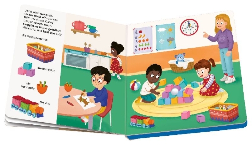 Buchcover und Innenansicht für das Buch: Play+ Mein allererstes Soundbuch Im Kindergarten - ab 12 Monate