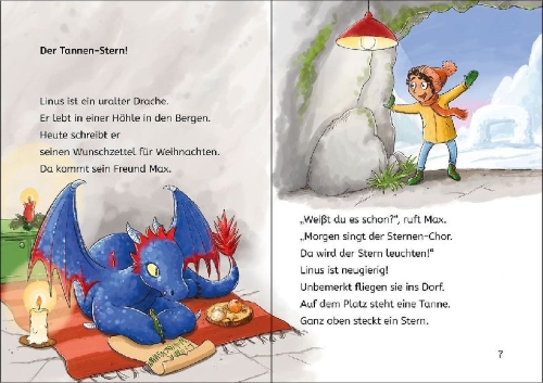 Buchcover und Innenansicht für das Buch: Leselöwen-Adventskalender für Erstleser - Drachen