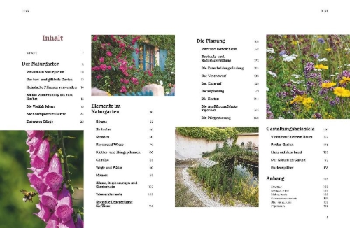 Buchcover und Innenansicht für das Buch: Pflegeleichte Naturgärten gestalten