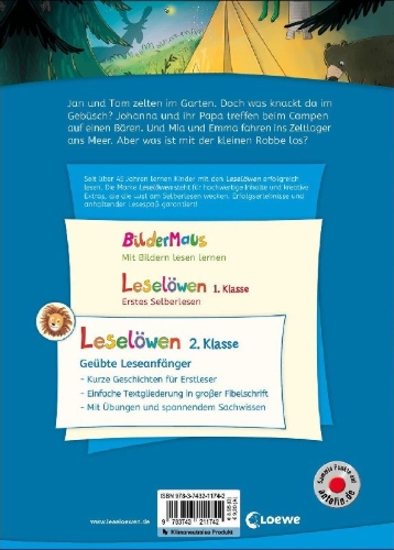 Buchcover und Innenansicht für das Buch: Leselöwen 2. Klasse - Geschichten von Camping-Abenteuern