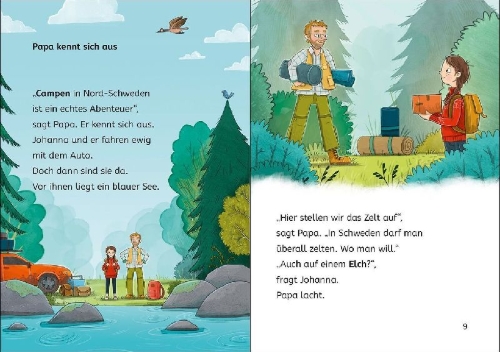 Buchcover und Innenansicht für das Buch: Leselöwen 2. Klasse - Geschichten von Camping-Abenteuern